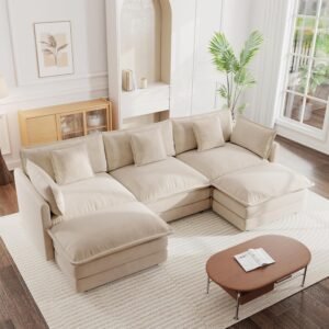 mikibama Modular Sectional Sofa, 111.5 Inch U Shaped Couch Set for Living Room, 3-Seater Comfy Cloud Couches with Movable Ottoman, DIY Combination, Chenille, Light Coffee