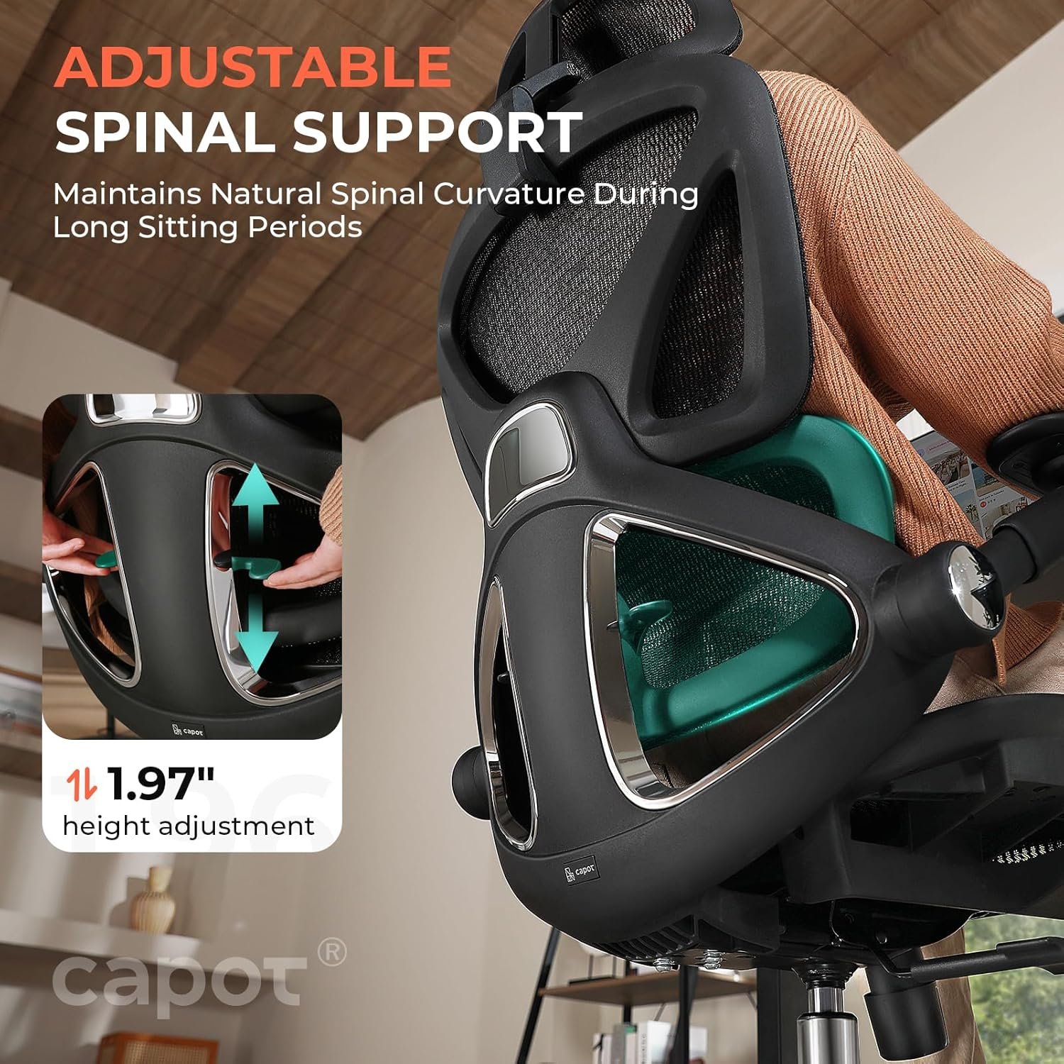 CAPOT Ergonomic Mesh Office Chair, Adjustable Lumbar High Back Desk Chair 400lbs, 4D Flip-up Arms, 3-Level Tilt Backrest, 3D Headrest, PU Wheels, Swivel Rolling Computer Seating for Long Desk Work - Image 3