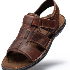 ArcBrothers Men’s Premium Leather Sandals – Classic Roman Style Open Toe Sandals – Cushioned Heel, Non-Slip & Sturdy Support