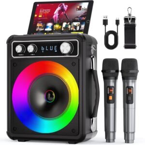 VOSOCO Karaoke Machine with 2 Wireless Microphones, Portable Bluetooth Speaker for Adults Kids, PA Systems Support TWS Echo Adjust TF USB AUX for Home Party Outdoor Travel