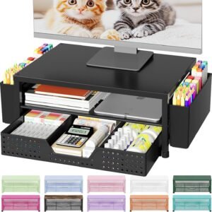 OPNICE Desk Organizers and Accessories, Computer Monitor Stand Riser with Drawer and 2 Pen Holders, Printer & Laptop Stand, Office Desk Accessories & Workspace Organizers for Home Office Supplies, Black