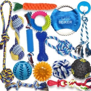 Beiker Dog Teething Chew Toys – 15 Pack Small Medium Breed Puppy Toy, Variety Dogs Rope Chew Toys Bundle for Boredom, Pet Interactive Squeaky Treat Dispensing Ball for Puppies