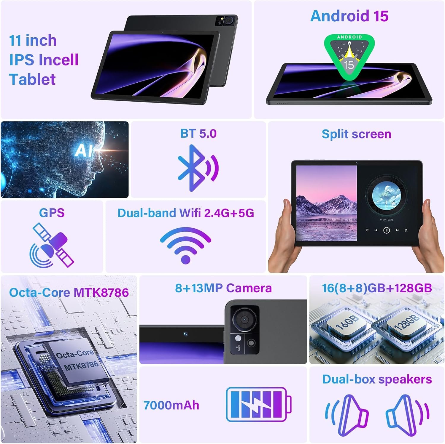 11 Inch-Android 15 Tablet 2026 Latest Update 16GB RAM 128GB ROM 1TB Expandion 5G WiFi Cellular 21MP Dual Camera Octa-core MTK8786.Gemini AI 2.0.Tablets with Keyboard,Mouse,protective film,Case-Gray - Image 2