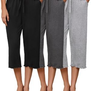 Ekouaer 3 Pack Women Capri Pajama Pants 2026 Ruffle hem Lounge Pants Drawstring Pj Bottoms with Pockets