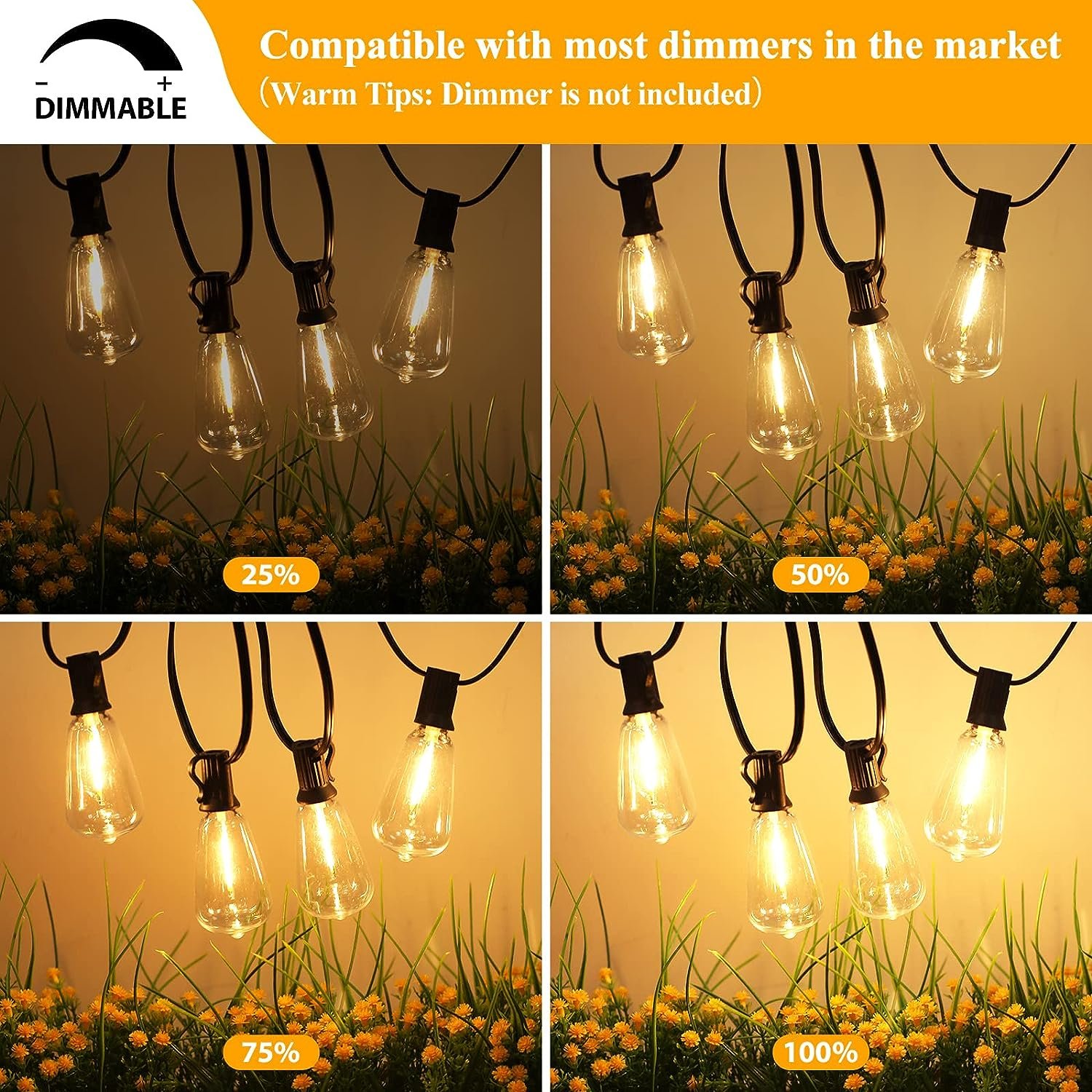 Brightever LED Outdoor String Lights 100FT Patio Lights with 52 Shatterproof ST38 Vintage Edison Bulbs, Outside Hanging Light Waterproof for Porch, Deck, Garden, Backyard, Balcony, 2700K Dimmable - Image 4