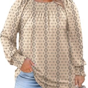 Micoson Womens Plus Size Tops Long Sleeve Shirts Crewneck Pleated Blouses Dressy Casual Fashion Tunic Top (1X-5X)