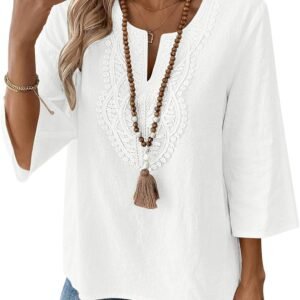 LOMON Womens 3/4 Sleeve Tops Cotton Linen Shirts V Neck Lace Casual Loose Fit Blouses Boho Fashion