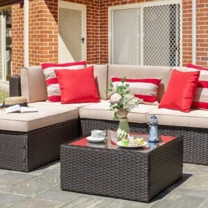 Vongrasig 5 Piece Patio Furniture Sets, Outdoor Patio Set Sectional Sofa, All-Weather PE Rattan Outdoor Couch with Ottoman, Glass Table for Garden, Backyard, Porch, Beige