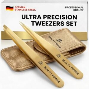 Beauty Power Professional Tweezers Set – Slant & Point, Ultra Precision German Stainless Steel Tweezers for Eyebrows, Chin, Ingrown Hair & Facial Grooming – Lightweight with Case – Gift Idea – Gold