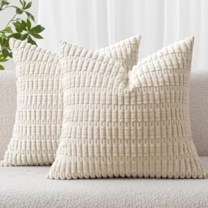 MIULEE Pack of 2 Corduroy Decorative Throw Pillow Covers 18×18 Inch Soft Boho Striped Pillow Covers Modern Farmhouse Home Decor for Sofa Living Room Couch Bed Cream White