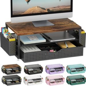gianotter Wood Monitor Stand Riser, Office Desk Shelf Organizer, Desk Organizer with Drawer and Pen Holder, 2-Tier Computer Stand, Office Organization (Wood)