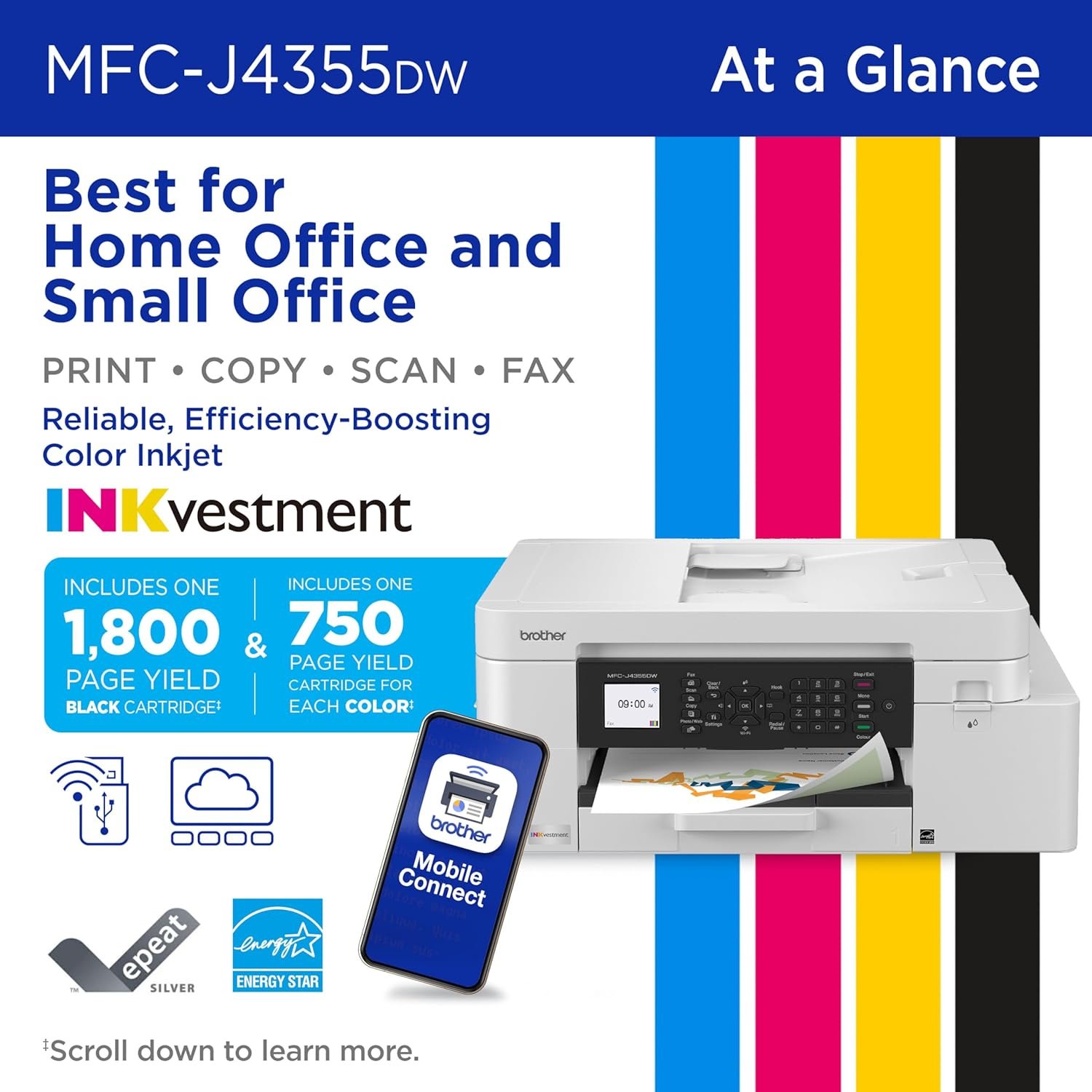 Brother INKvestment 4355 Wireless Color Inkjet All-in-One Printer with 1.8” Color Display and Manual Feed Slot | Includes Refresh Subscription Trial(1) (MFC-J4355DW) - Image 2