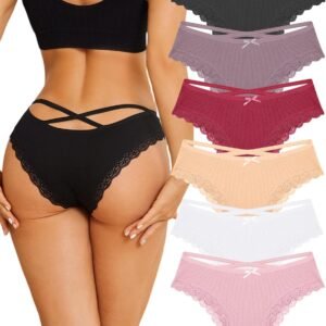ALL OF ME Women Cotton Underwear Sexy Criss Cross Lace Trim Low Rise Cheeky Bikini Panties 6 Pack