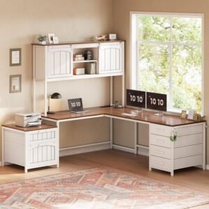 SEDETA Farmhouse L Shaped Office Desk with 6 Drawer, Reversible Computer Desk with Power Outlet, Hutch for Home Office/Two Person, Corner Desk with File Drawer & Printer Storage Shelves, White