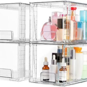 Vtopmart 4 Pack Large Stackable Storage Drawers,Easily Assemble Acrylic Bathroom Closet Undersink Organizers and Storage,Plastic Bins for Kitchen Cabinets,Pantry,Makeup,Medicine Organization