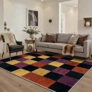 Bavni 5×7 Washable Area Rug with Non Slip Backing, Low Pile Lightweight Checkerboard Print Pattern Rug for Living Room, Bedroom, Dining Room, Home Decor Autumn Rust