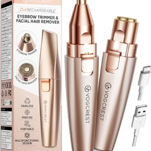 VG VOGCREST Eyebrow & Facial Trimmer: 2 in1 Rechargeable Facial Hair Removal & Eyebrow Shaver – Body Razor with Built-in LED Light (Rose Gold)