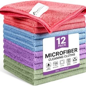 Microfiber Cleaning Cloth, 12 Pack Assorted Color Cleaning Rags for Housekeeping, Colorful Reusable Microfiber Towels for Car, Kitchen, Bathroom and Household Cleaning Supplies, 11.8″X11.8″