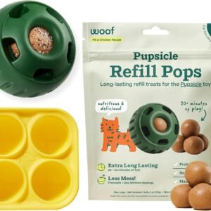 WOOF Starter Pack – Interactive Dog Ball Toy for Boredom – Dog Treat Molds Silicone – Chicken-Flavored Healthy Treats for Dogs – Pupsicle Doggy Enrichment Toy – for Large Pups – 25-75 lbs