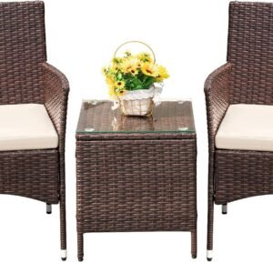 Devoko Patio Porch Furniture Sets 3 Pieces PE Rattan Wicker Chairs with Table Outdoor Garden Furniture Sets (Brown/Beige)