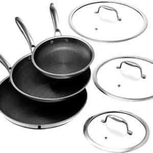 HexClad Hybrid Nonstick 6-Piece Frying Pan Set, 8, 10 and 12-Inch Frying Pans with Tempered Glass Lids, Stay-Cool Handles, Dishwasher and Oven Safe, Induction Ready, Compatible with All Cooktops