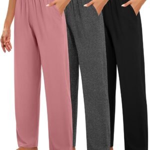 Huukeay 3 Pack Women’s Lounge Pants, Cozy Wide Leg Lounge Slacks with Pockets Loose Flowy Yoga Sweatpant Workout Comfy Jogger