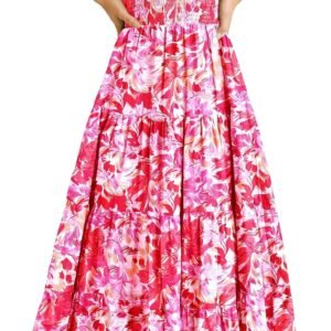 PRETTYGARDEN Women’s Casual Summer Midi Dress Puffy Short Sleeve Square Neck Smocked Tiered Ruffle Dresses