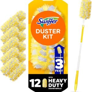 Swiffer Duster Kit with 3 ft Extendable Handle, Heavy Duty Dusting Starter Kit with 12 Refills, for Ceiling Fans, Vents and Hard to Reach Places