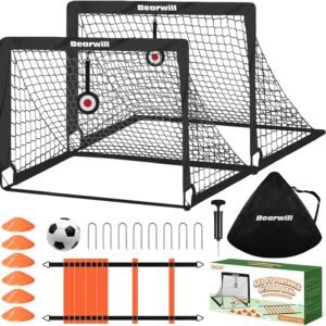 Bearwill Soccer Goal, Kids Soccer Goals for Backyard Set of 2, 4x3ft Portable Soccer Goal Pop Up Soccer Net, Kids Soccer Net Training Equipment with Soccer Ball, Ladder, Cones, Targets