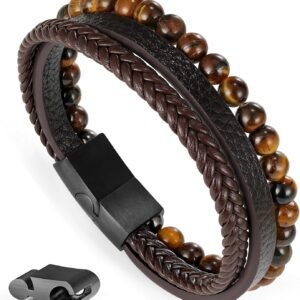 Gifts for Men – Mens Bracelet, Braided Leather Beaded Bracelets Mens Jewelry 6mm Tiger Eye Lava Rock Stone Handmade Bracelet With Adjustable Magnetic Clasp