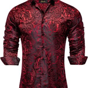 DiBanGu Mens Silk Paisley Dress Shirts,Long Sleeve Button Down Shirt Casual Regular Fit Shirt for Men Wedding Party