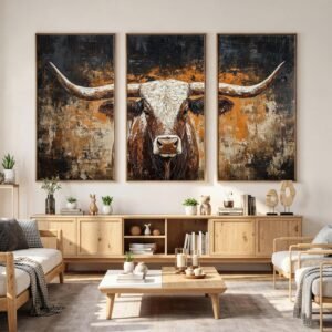 Longhorn Wall Art Print, Rustic Bull Canvas Print, Vintage Western Steer Artwork for Ranch Farmhouse Cowboy Home Decor