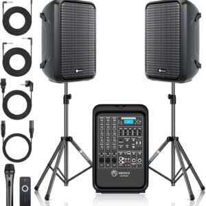 NBVOICE Professional Portable All-in-One Integrated 2-Way PA System Fixed Setup, Suitcase Design w/ 8-Channel Mixer, 2 Speaker Stands, Bluetooth, Mic for Performances, Presentations