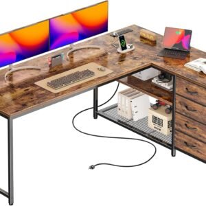 PRAISUN 61″ L Shaped Desk with Power Outlets and USB-C Port, Reversible Computer Corner Office Desk with 4 Fabric Drawers and 2 Height-Adjustable Shelves, Large for Gaming Writing Study, Rustic Brown