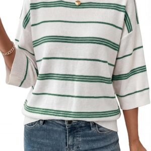 Dokotoo Womens Sweaters Spring Summer Oversized 3/4 Sleeve Striped Crewneck Casual Lightweight Knit Pullover Sweater Tops