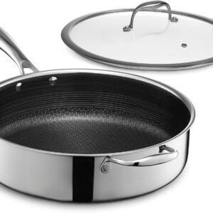 HexClad Hybrid Nonstick 5.5-Quart Deep Sauté Pan with Tempered Glass Lid, Stay-Cool Handle, Dishwasher-Friendly, Oven-Safe Up to 900°F, Induction Ready, Compatible with All Cooktops