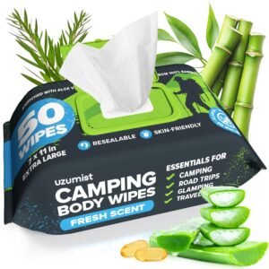 Camping Essentials – Body Wipes for Camping Adults Bathing No Rinse – 50 XL Deodorant Bathing Shower Wipes For Men Women – Disposable Washcloths & Personal Cleansing – Travel, Workout