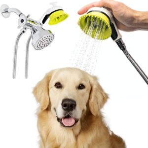 Wondurdog Indoor and Outdoor Dog Wash Kit for Shower and Garden Hose with Splash Shield and Rubber Scrubbing Attachment. Fast and Easy Dog Bathing and Cleaning. Pet Grooming for Long and Short Hair