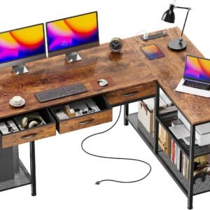 PRAISUN 55 Inch L Shaped Office Desk with Power Outlets and Type-C Port, Large Computer Gaming Desk with 3 Fabric Drawers, Mesh Shelves, Corner Study Work Writing Desk, Rustic Brown
