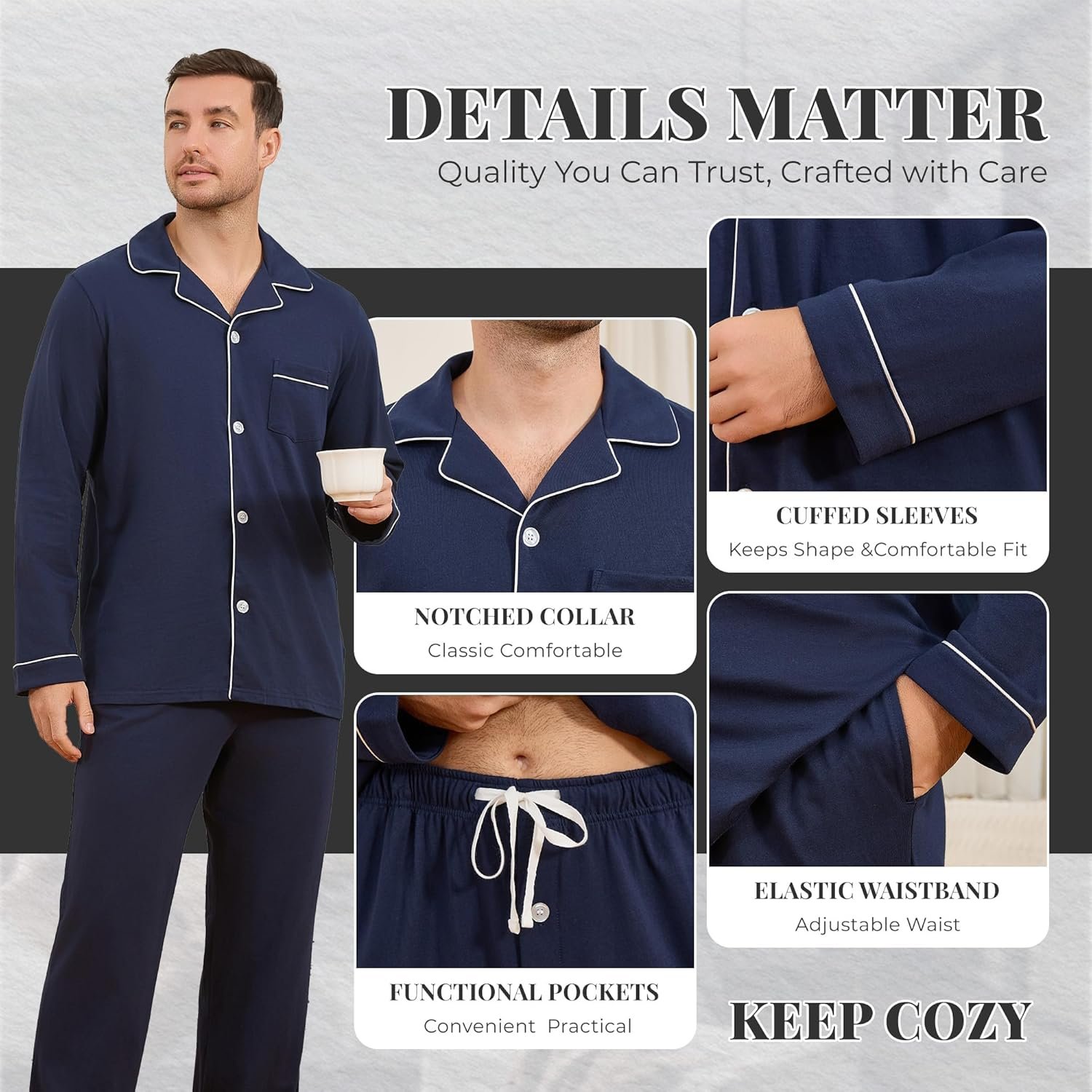 U2SKIIN Mens Cotton Pajama Set, Soft Long Sleeve Pajamas for men Lightweight Button Up Sleepwear Lounge Pjs Set with Pockets - Image 4