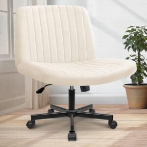 Orange Factory Criss Cross Chair Wheels Wide Cross Legged Office Desk Vanity Chair Comfy Fabric Armless Adjustable Swivel for Home Computer Task (Beige Wheel, Fabric)