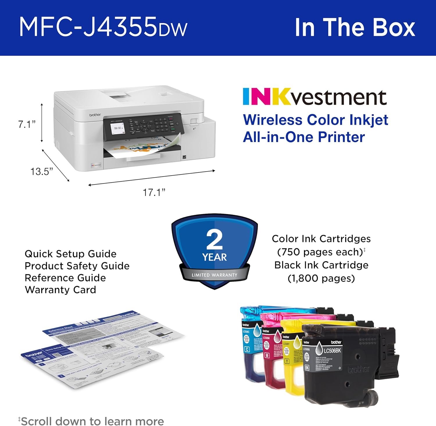 Brother INKvestment 4355 Wireless Color Inkjet All-in-One Printer with 1.8” Color Display and Manual Feed Slot | Includes Refresh Subscription Trial(1) (MFC-J4355DW) - Image 8