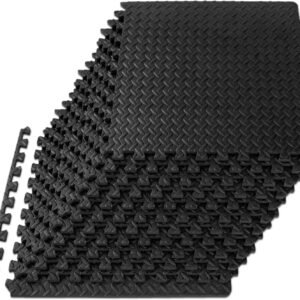 ProsourceFit Puzzle Exercise Mat ½ in, EVA Interlocking Foam Floor Tiles for Home Gym, Water-Resistant Mats Workout Equipment, Floor Padding for Kids, Black, 24 in x 24 in x ½ in, 48 Sq Ft – 12 Tiles