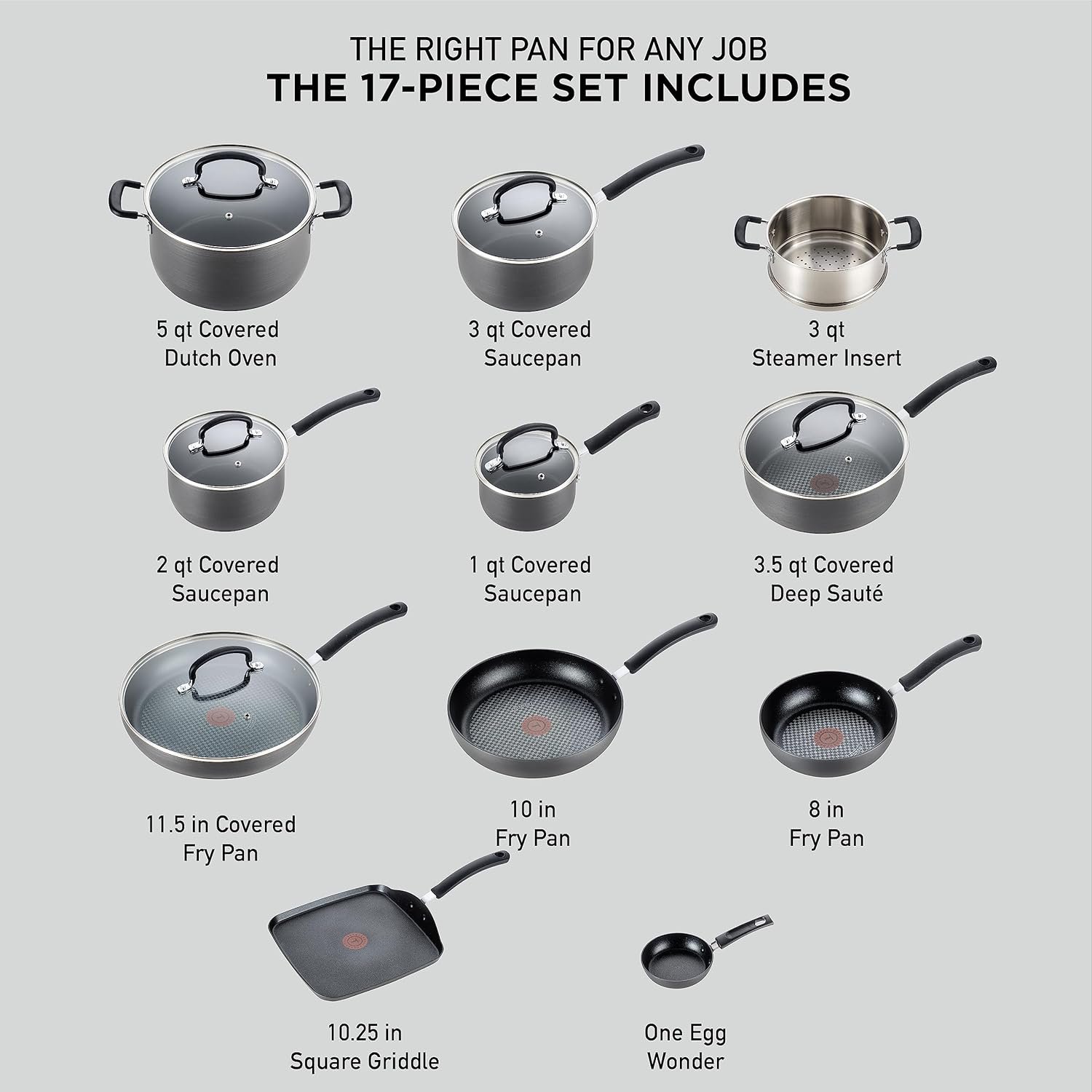 T-Fal Ultimate Hard Anodized Nonstick Pots and Pans Set 17 Piece, Nonstick Cookware Set with Fry Pan, Saucepans, Saute-Pan, Griddle, Dishwasher Safe, Onyx - Image 2