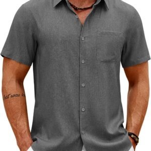 COOFANDY Mens Button Down Shirt Short Sleeve Casual Shirts Summer Beach Wedding Linen Shirt with Pocket