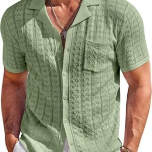 COOFANDY Men’s Knit Shirts Short Sleeve Button Down Casual Polo Shirt Summer Beach Vacation Shirts