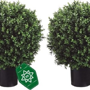 Artificial Boxwood Topiary Trees Set of 2, 26″ Tall UV Resistant Real Touch Faux Plants in Pots for Front Porch, Entryway & Patio Decor