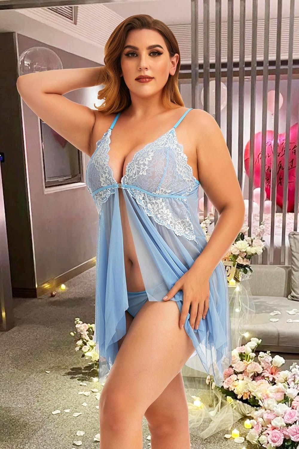 ADOREJOY Women Lingerie Babydoll Front Closure Mesh Lace Chemise Sleepwear Nightie - Image 4