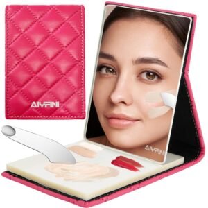Alyfini Pocket Makeup Palette Mirror for Purse – 100 Disposable Sheets & Spatula, Small Travel Toiletry Essentials, Handheld Foundation/Lip/Nail Color Mixing Tray, Makeup Artist and Enthusiasts Gift
