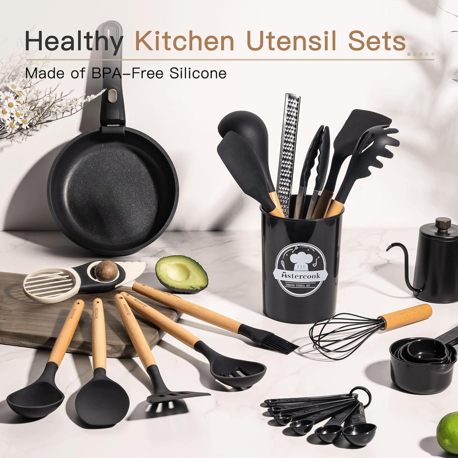 Astercook 39 PCS Kitchen Utensils Set, Silicone Cooking Utensil Sets with Wooden Handle, 446°F Heat Resistant Food Grade Spatula Set, BPA Free Kitchen Gadgets Tools Set & Spoons for Nonstick Cookware - Image 3